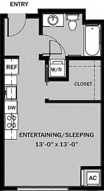 Floor plan for studio, 1 bath, 444 sqft