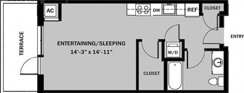 Floor plan for studio, 1 bath, 512 sqft