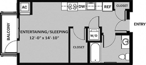 Floor plan for studio, 1 bath, 448 sqft