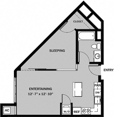 Floor plan for studio, 1 bath, 618 sqft