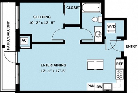 Floor plan for 1 bed, 1 bath, 645 sqft