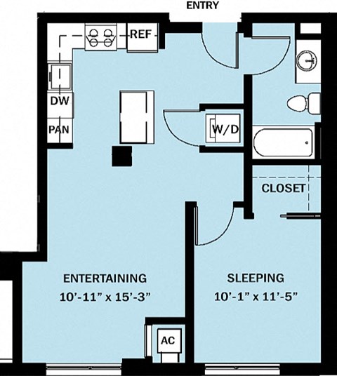 Floor plan for 1 bed, 1 bath, 654 sqft