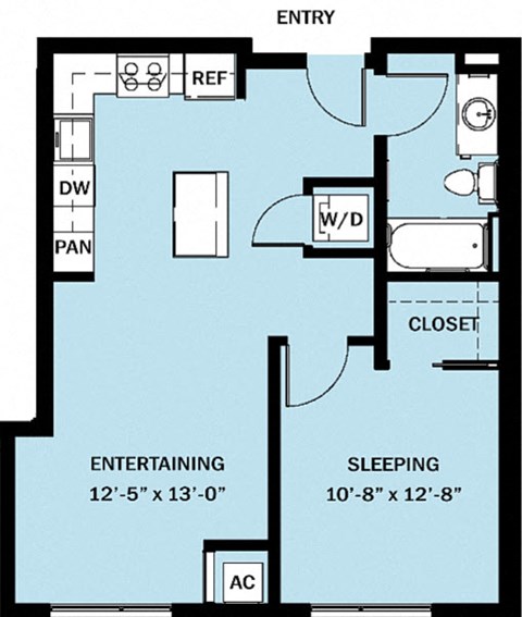 Floor plan for 1 bed, 1 bath, 654 sqft