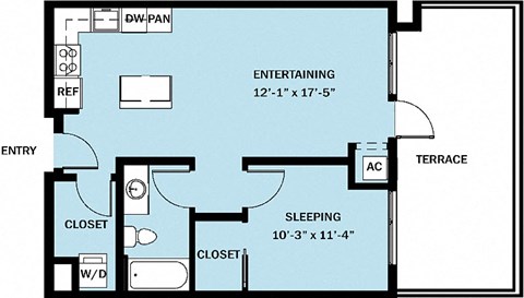 Floor plan for 1 bed, 1 bath, 666 sqft