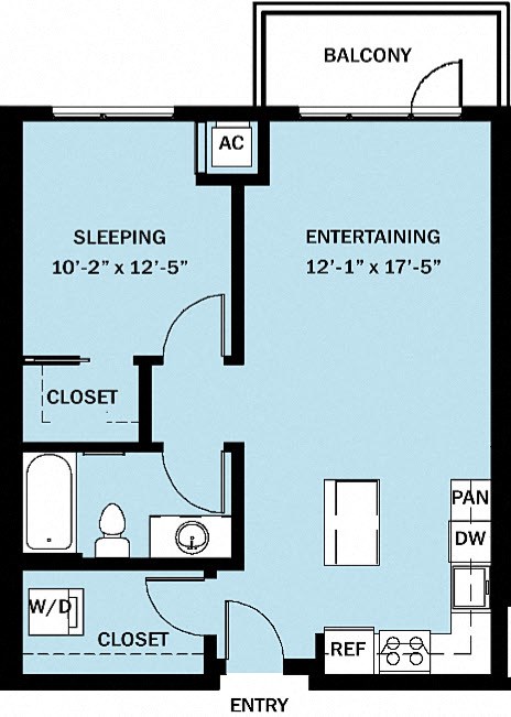 Floor plan for 1 bed, 1 bath, 673 sqft