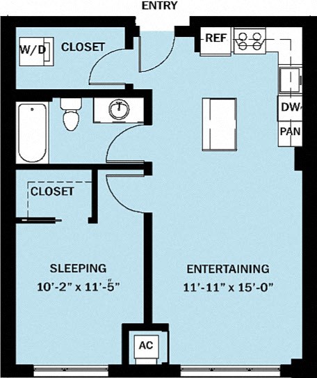 Floor plan for 1 bed, 1 bath, 675 sqft