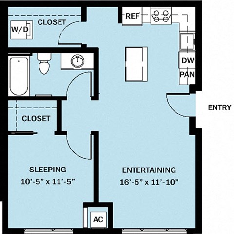 Floor plan for 1 bed, 1 bath, 678 sqft