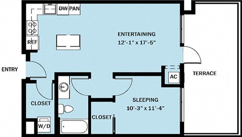 Floor plan for 1 bed, 1 bath, 680 sqft