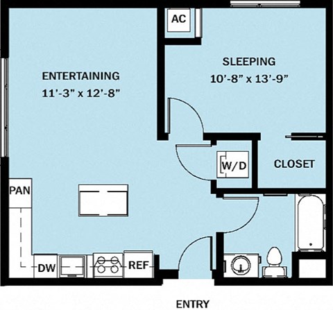 Floor plan for 1 bed, 1 bath, 680 sqft