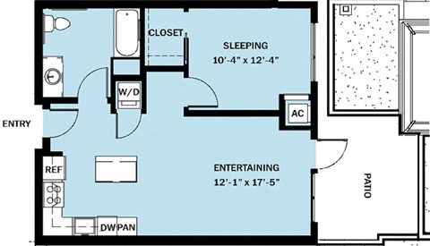 Floor plan for 1 bed, 1 bath, 681 sqft