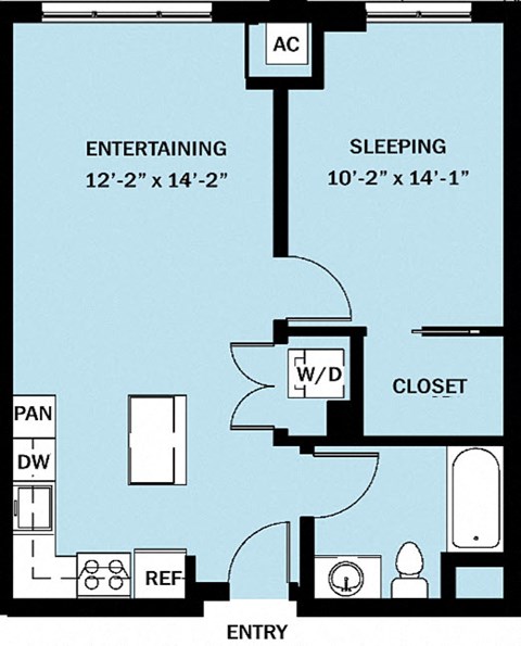 Floor plan for 1 bed, 1 bath, 682 sqft