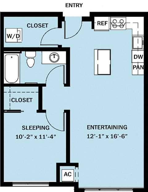 Floor plan for 1 bed, 1 bath, 685 sqft