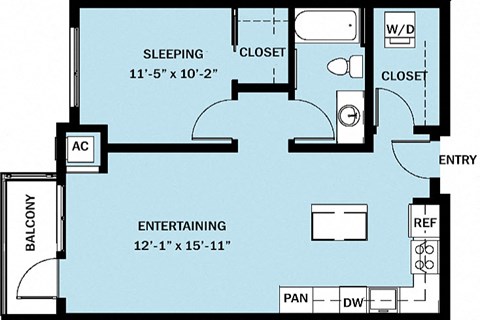 Floor plan for 1 bed, 1 bath, 689 sqft