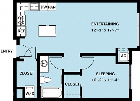 Floor plan for 1 bed, 1 bath, 691 sqft