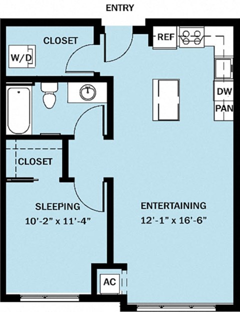 Floor plan for 1 bed, 1 bath, 701 sqft