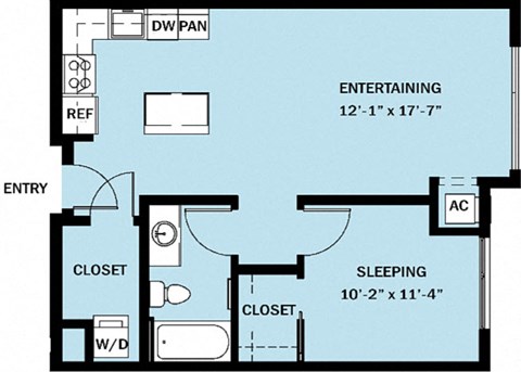 Floor plan for 1 bed, 1 bath, 705 sqft