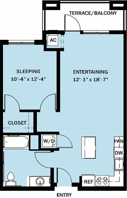 Floor plan for 1 bed, 1 bath, 707 sqft