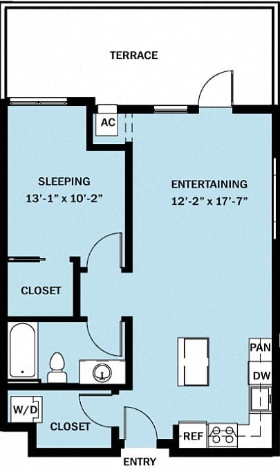 Floor plan for 1 bed, 1 bath, 718 sqft