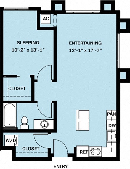 Floor plan for 1 bed, 1 bath, 718 sqft