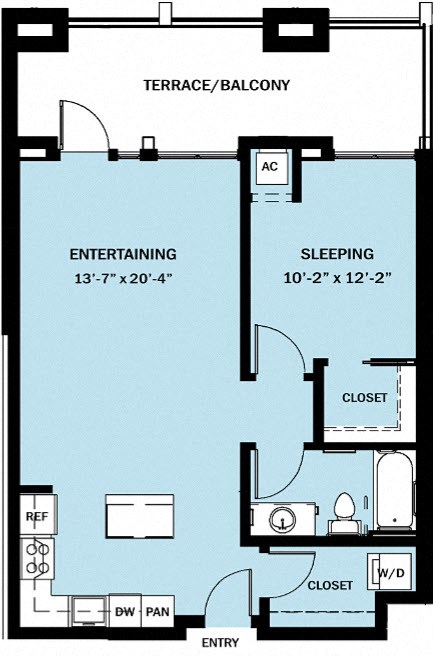 Floor plan for 1 bed, 1 bath, 761 sqft
