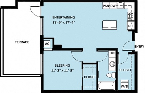 Floor plan for 1 bed, 1 bath, 763 sqft