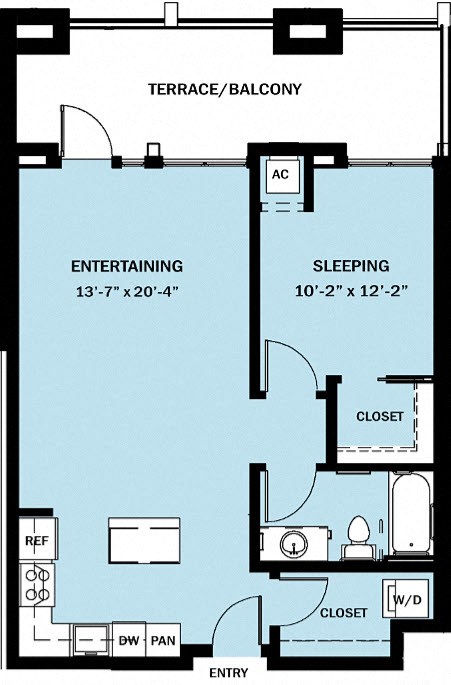 Floor plan for 1 bed, 1 bath, 764 sqft
