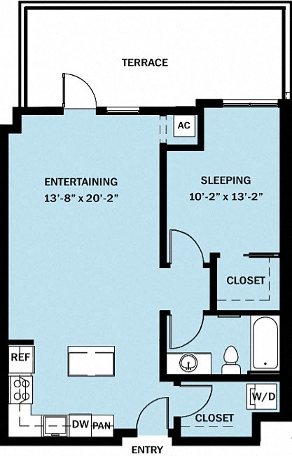Floor plan for 1 bed, 1 bath, 767 sqft