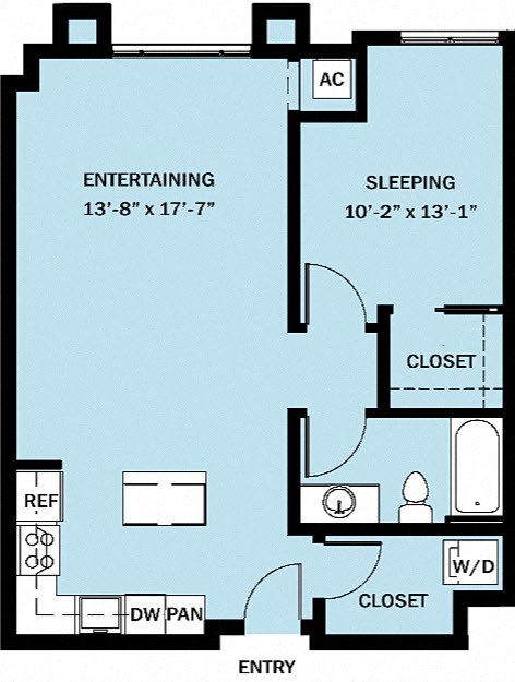 Floor plan for 1 bed, 1 bath, 767 sqft