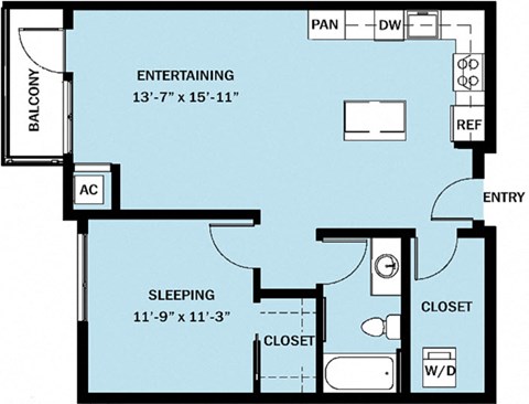 Floor plan for 1 bed, 1 bath, 778 sqft