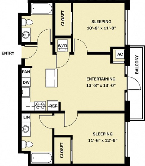 Floor plan for 2 beds, 2 baths, 907 sqft