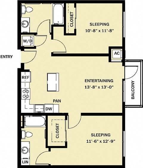 Floor plan for 2 beds, 2 baths, 947 sqft