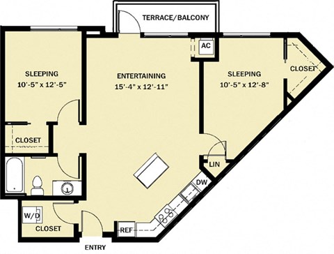 Floor plan for 2 beds, 1 bath, 971 sqft