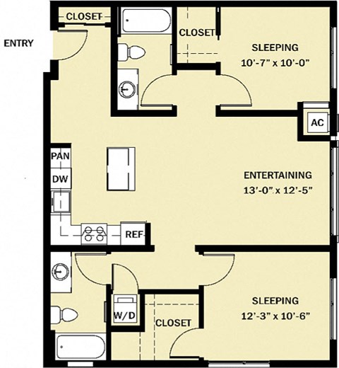 Floor plan for 2 beds, 2 baths, 986 sqft