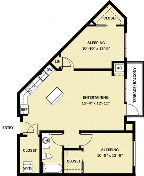 Floor plan for 2 beds, 1 bath, 998 sqft