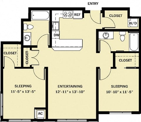 Floor plan for 2 beds, 2 baths, 1042 sqft