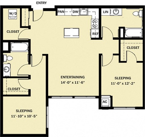 Floor plan for 2 beds, 2 baths, 1186 sqft