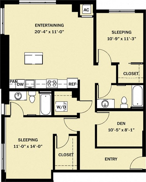 Floor plan for 2 beds, 2 baths, 1262 sqft