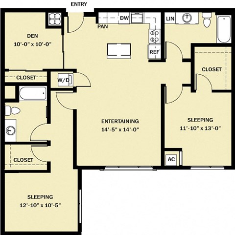 Floor plan for 2 beds, 2 baths, 1328 sqft