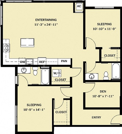 Floor plan for 2 beds, 2 baths, 1379 sqft