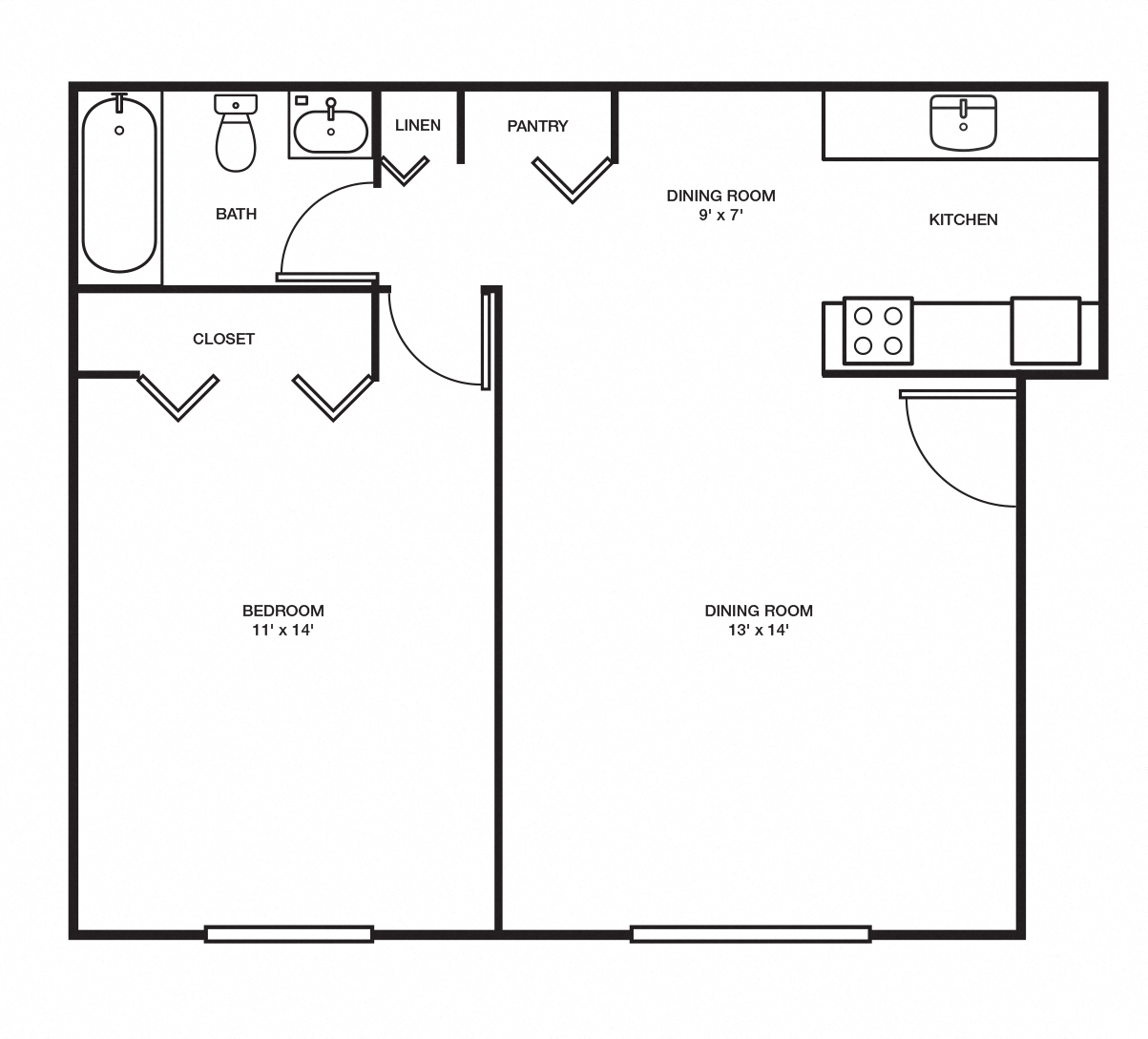 Floor plan for 1 bed, 1 bath, 600 sqft