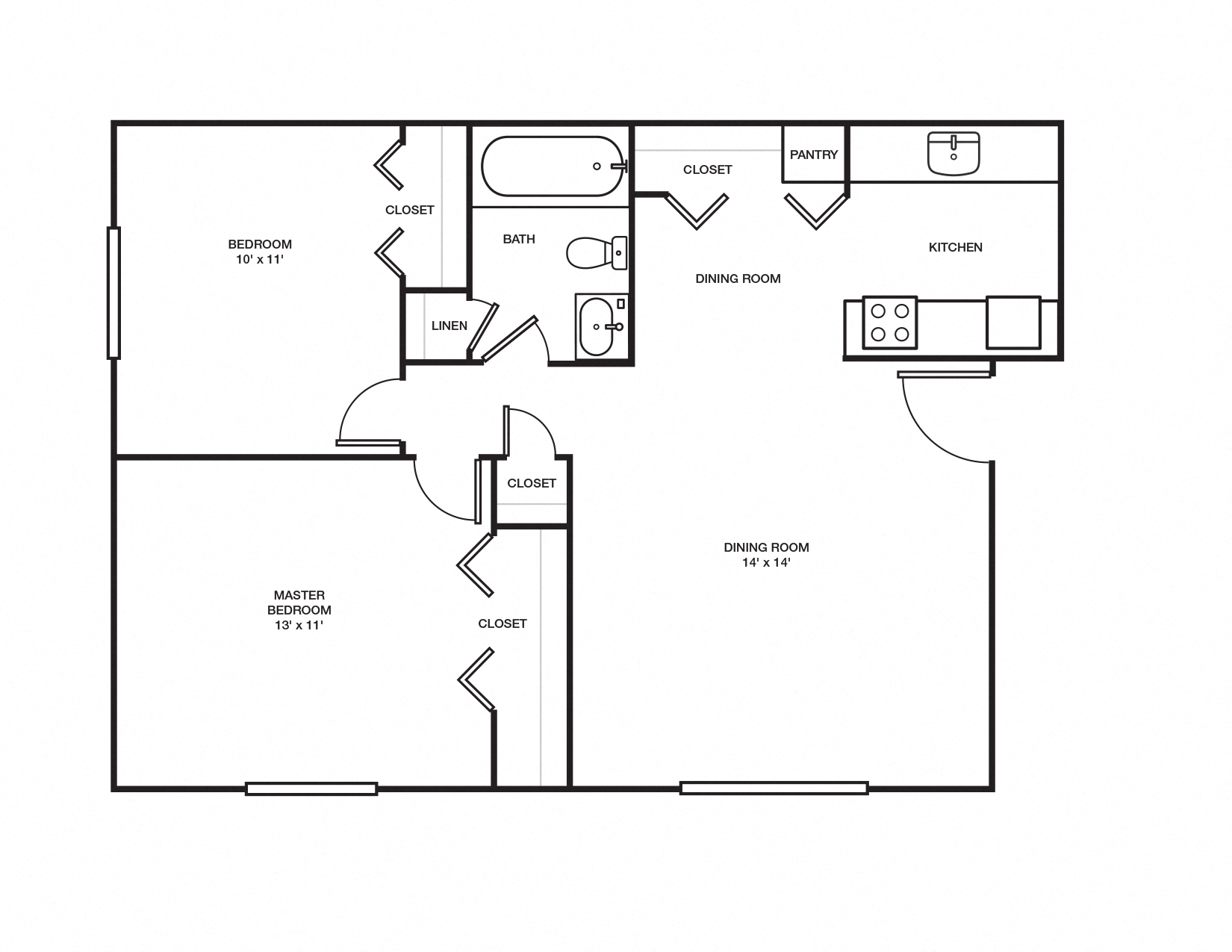 Floor plan for 2 beds, 1 bath, 800 sqft