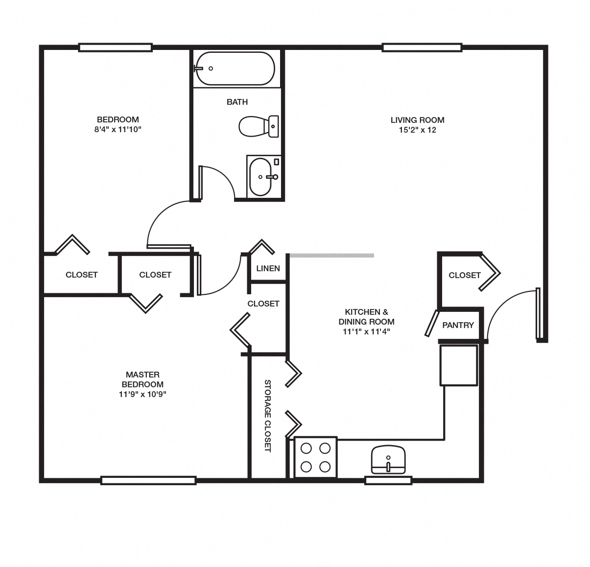 Floor plan for 2 beds, 1 bath, 750 sqft