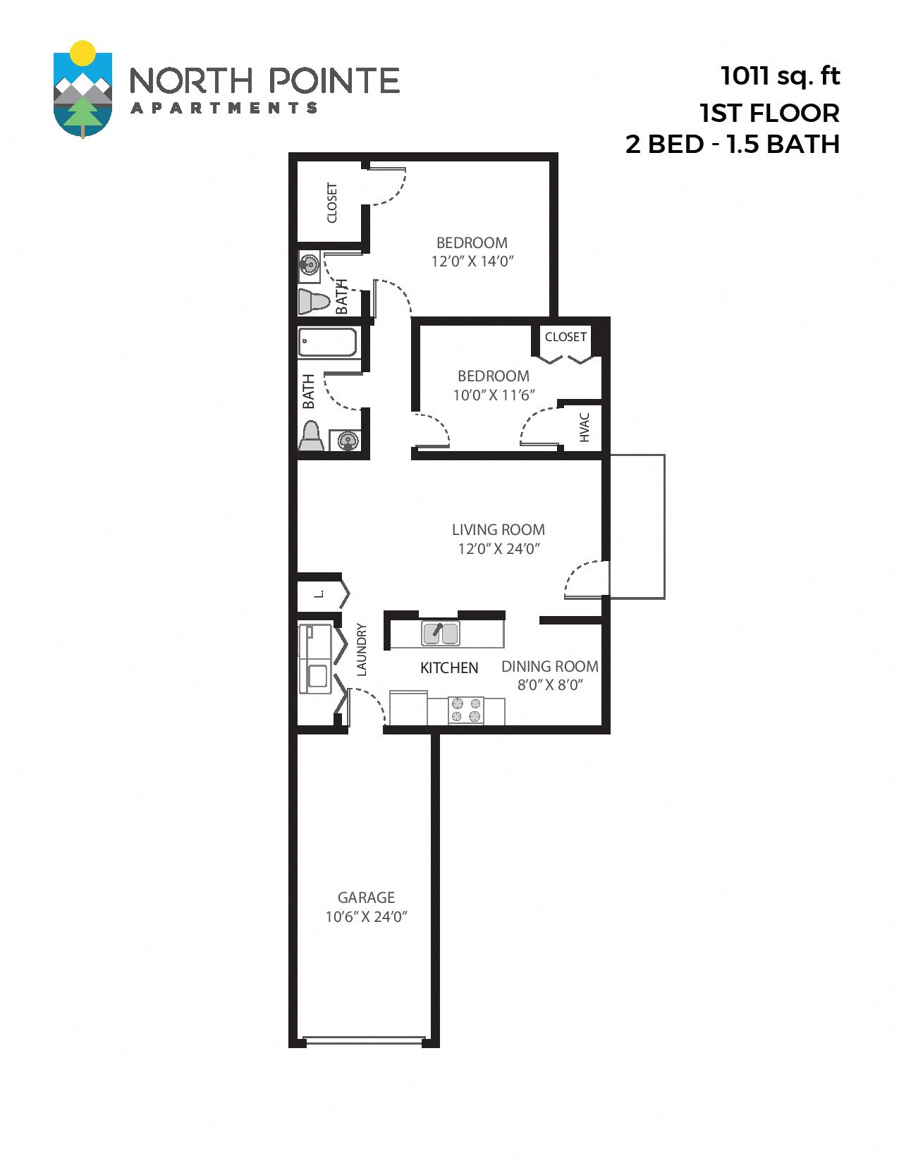Floor plan for 2 beds, 1.5 baths, 1011 sqft