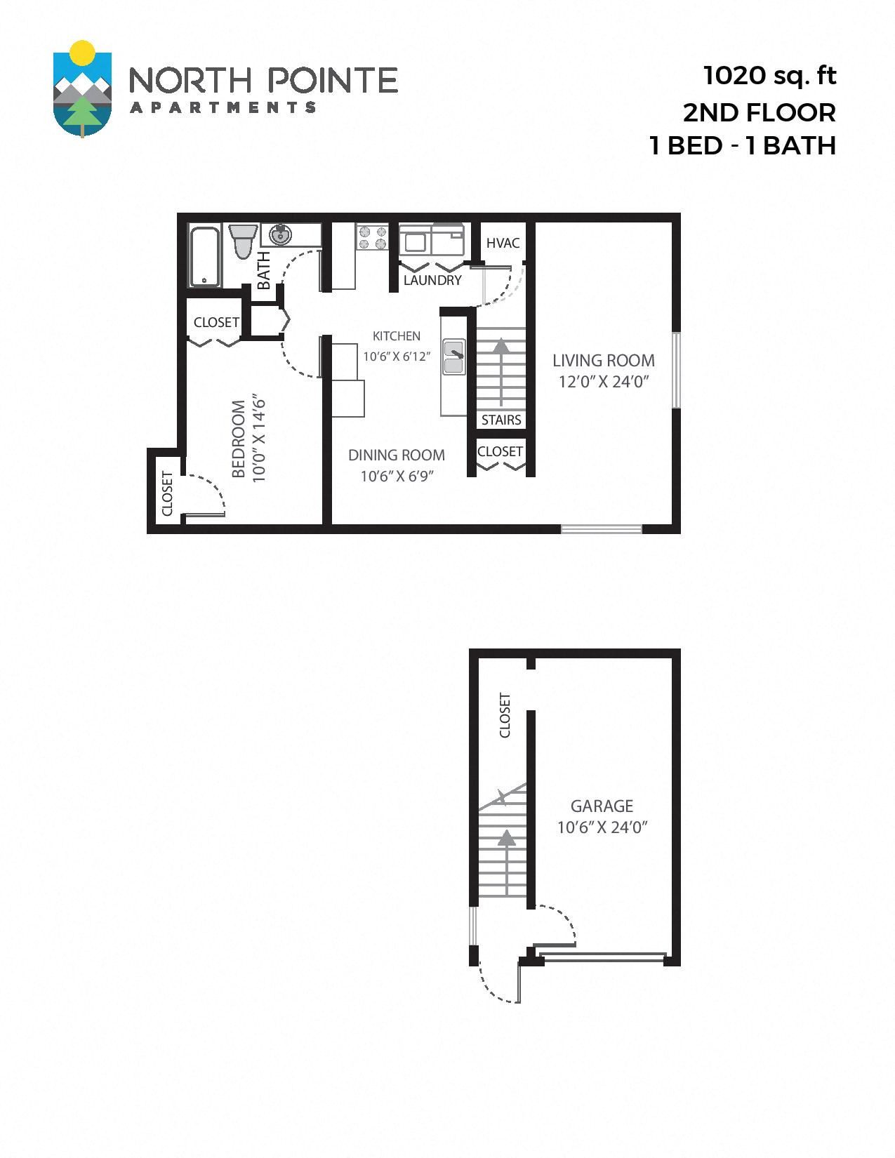 Floor plan for 1 bed, 1 bath, 1020 sqft