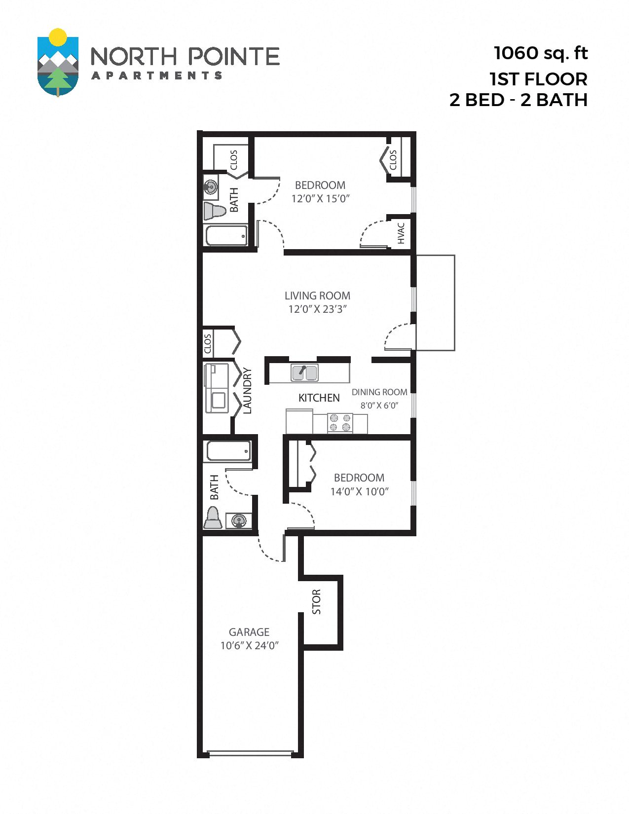 Floor plan for 2 beds, 2 baths, 1060 sqft