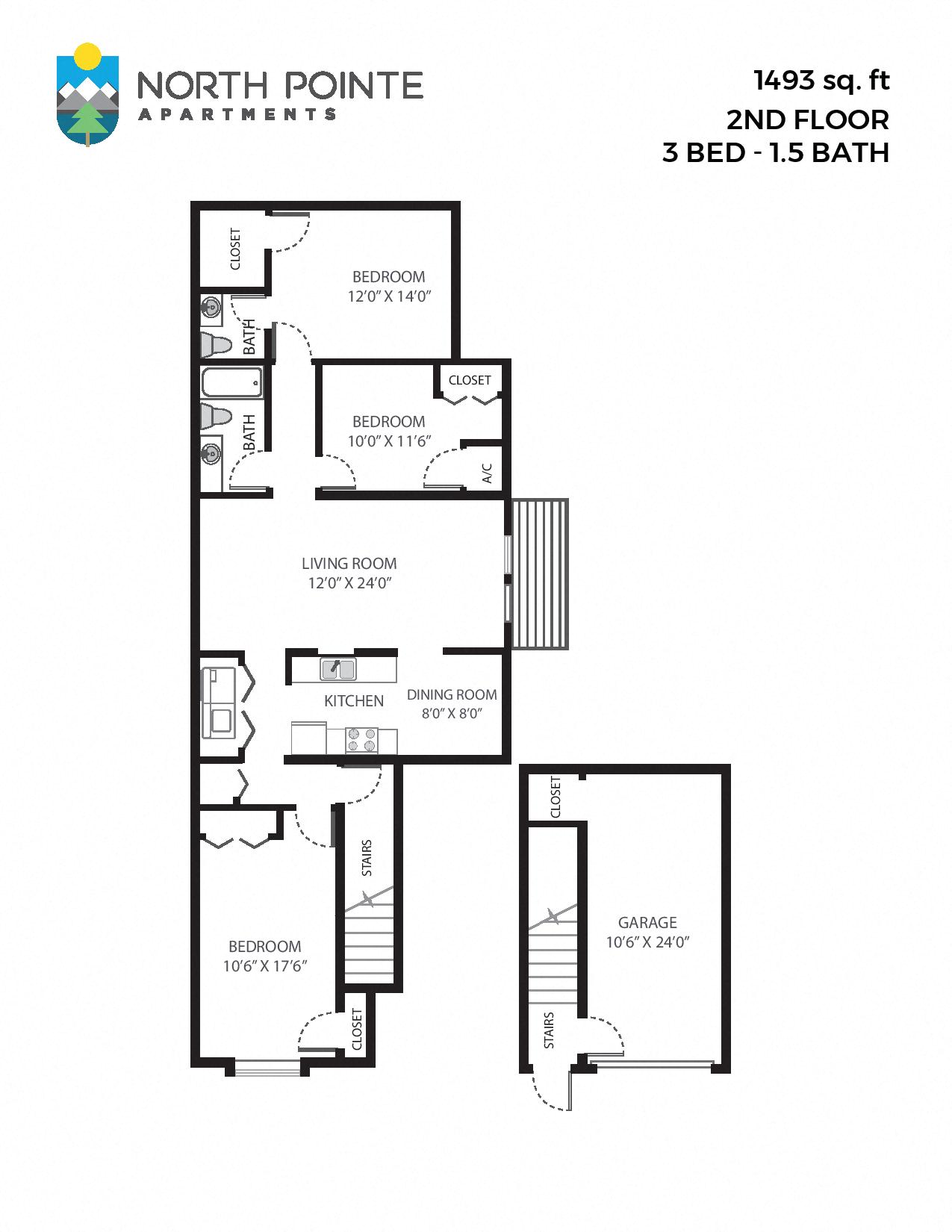 Floor plan for 3 beds, 1.5 baths, 1493 sqft
