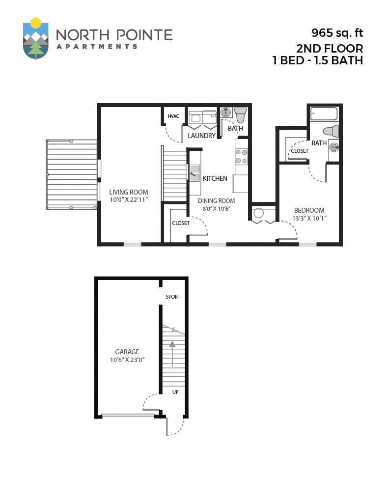 Floor plan for 1 bed, 1.5 baths, 966 sqft