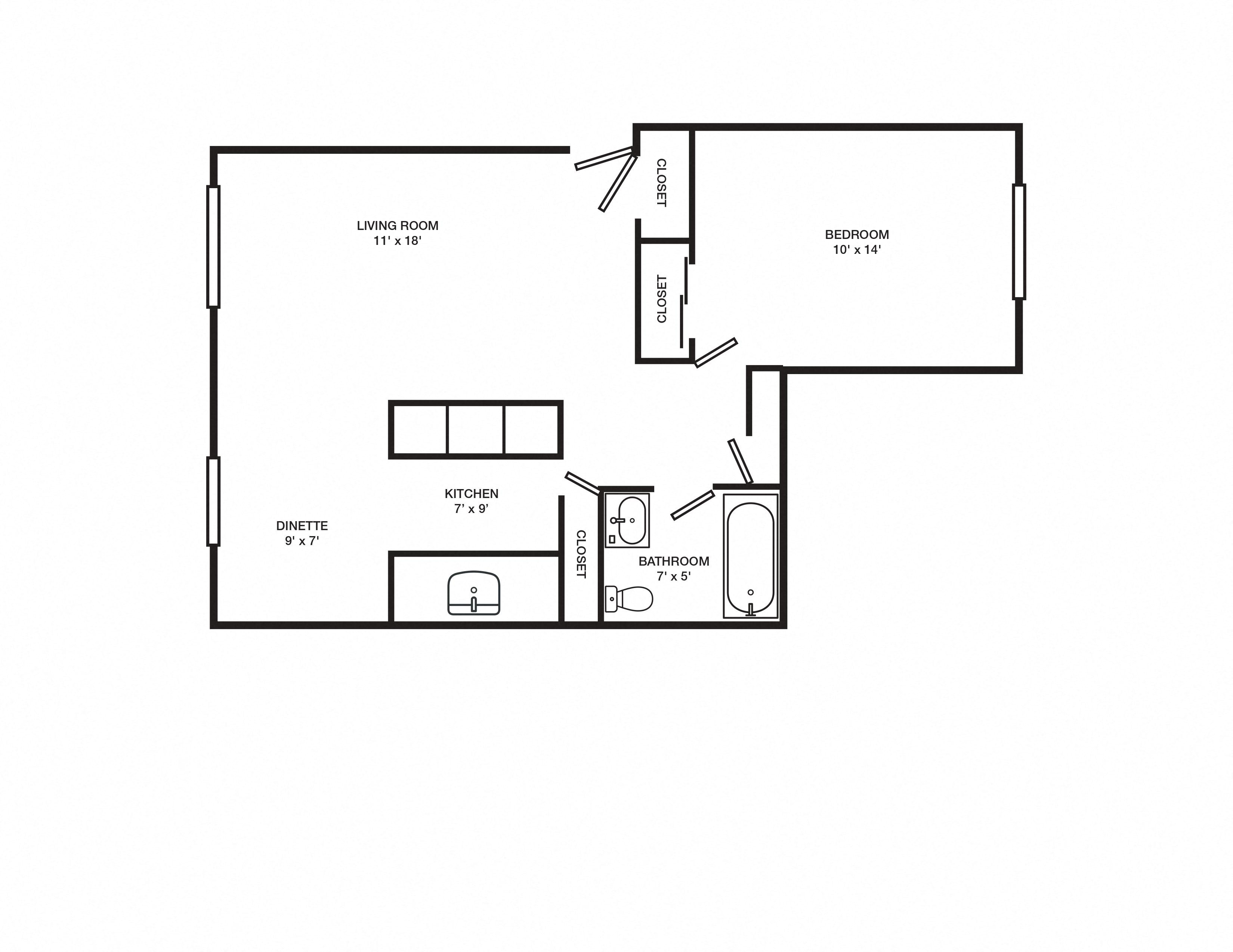 Floor plan for 1 bed, 1 bath, 760 sqft