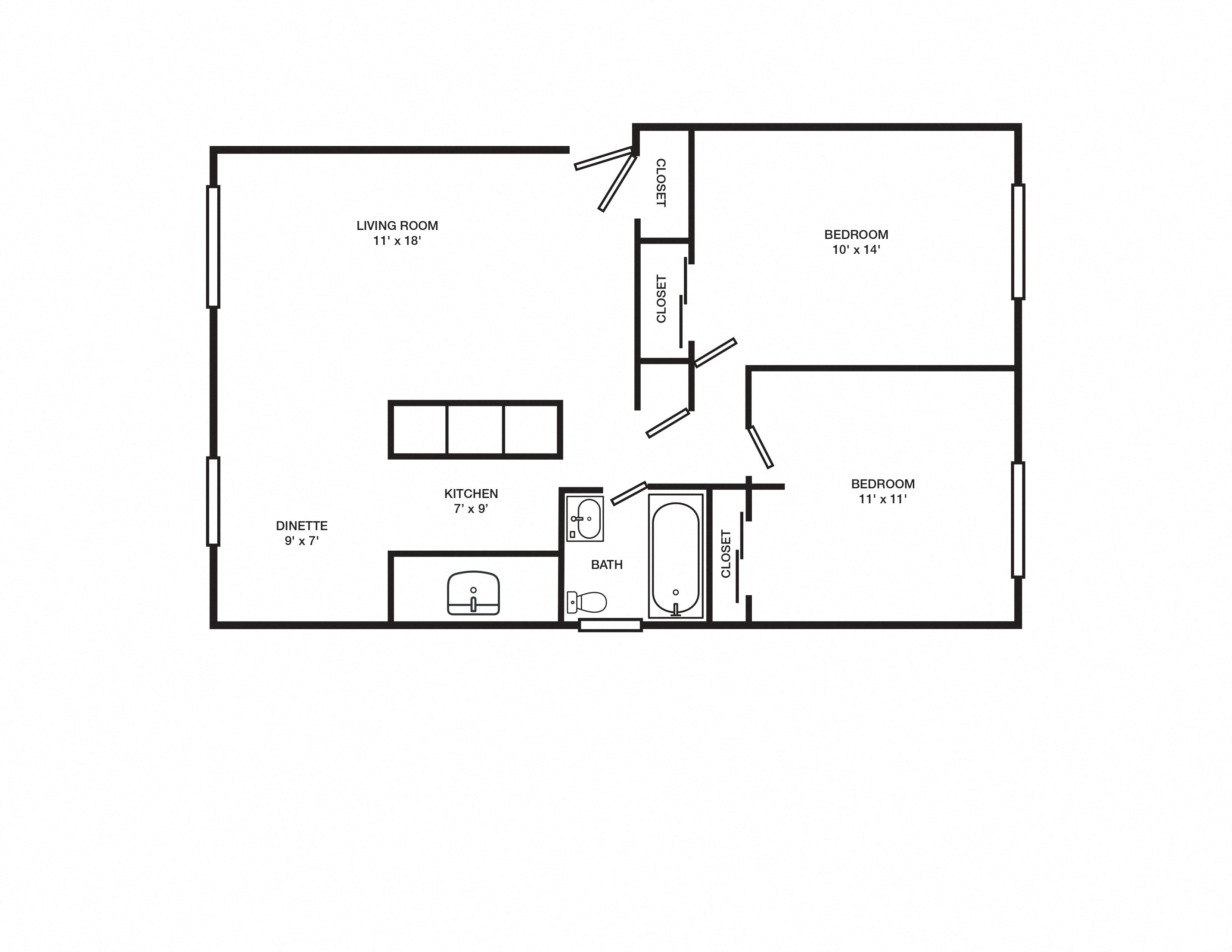Floor plan for 2 beds, 1 bath, 890 sqft
