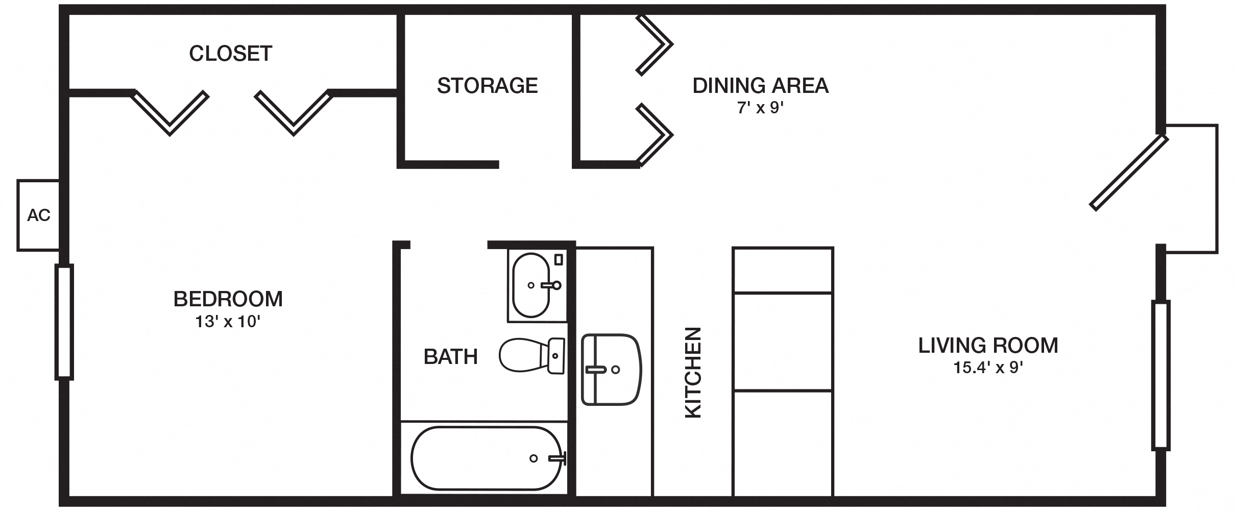 Floor plan for 1 bed, 1 bath, 544 sqft